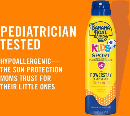 Gele spuitbus "KIDS SPORT" zonnebrandspray, SPF 50, "PEDIA TRICIAN TESTED" en "HYPOALLERGE NIC."