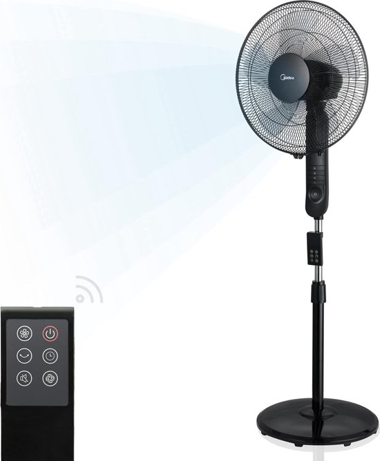 Midea FS40-15FR Staande Ventilator Zwart 55W 3 Snelheden 5 Bladen 80° Oscillerend Met Afstandsbediening