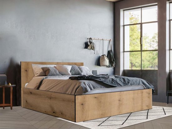 Bed met opbergruimte 140 x 190 cm - Kleur: naturel en antraciet - ELPHEGE L 196.4 cm x H 87.5 cm x D 155 cm