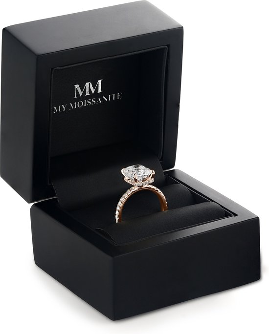 Astra - Ring en or rose 14 carats avec moissanite radieuse et pierres latérales pavées et halo caché - 2,7 carats.