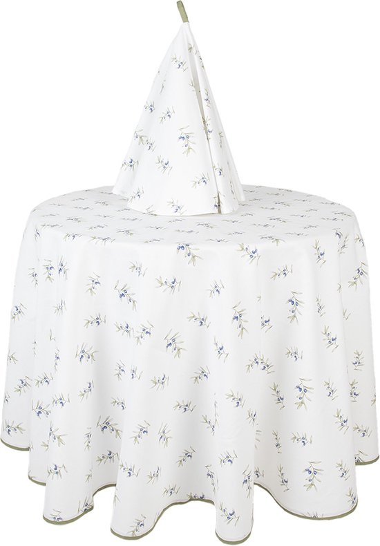 Clayre & Eef Nappe Ø 170 cm Blanc Coton Rond Olives Nappes de table