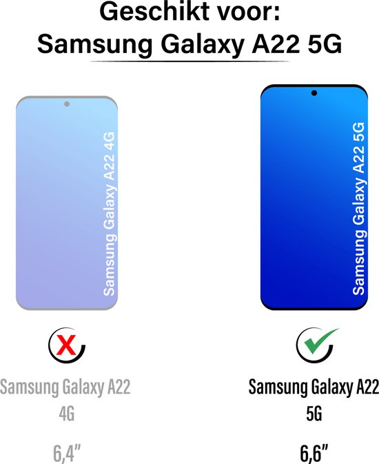 Illustratie die aangeeft dat dit hoesje geschikt is voor de Samsung Galaxy A22 5G (6,6"), niet voor de 4G (6,4").