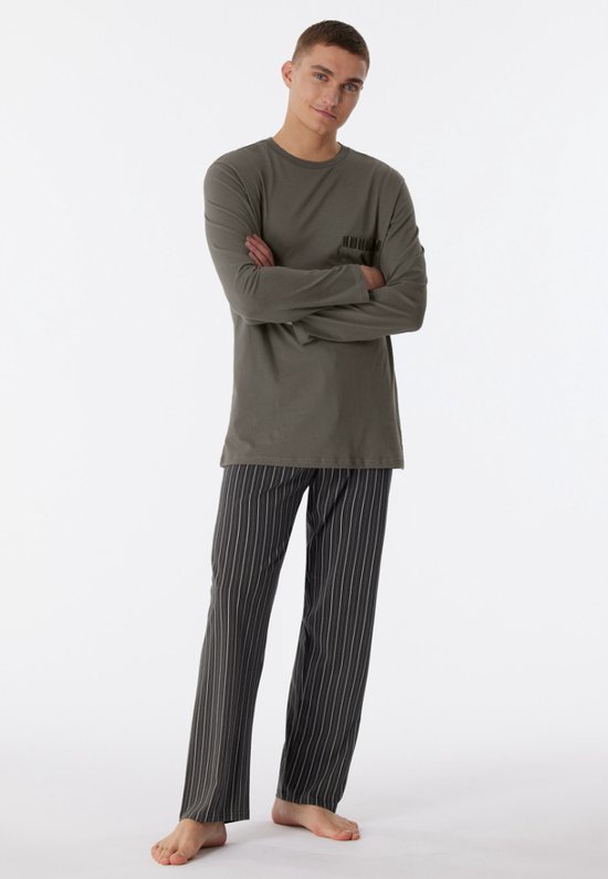 SCHIESSER Comfort Nightwear pyjamaset - heren pyjama lang biologisch katoen gestreept taupe - Maat: XXL