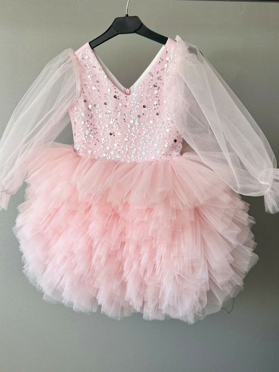 Roze jurk Luxe met lange mouw meisjes feestjurk - glitter feestjurk - Roze tutu jurk - verjaardag jurk - prinsessen jurk 134-140