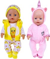 Set de 2 tenues pour poupées - Convient pour Bébé Born - Ensemble de vêtements canard & grenouillère Licorne - Combinaison, barboteuse, pantalon, cardigan, chapeau, chaussons