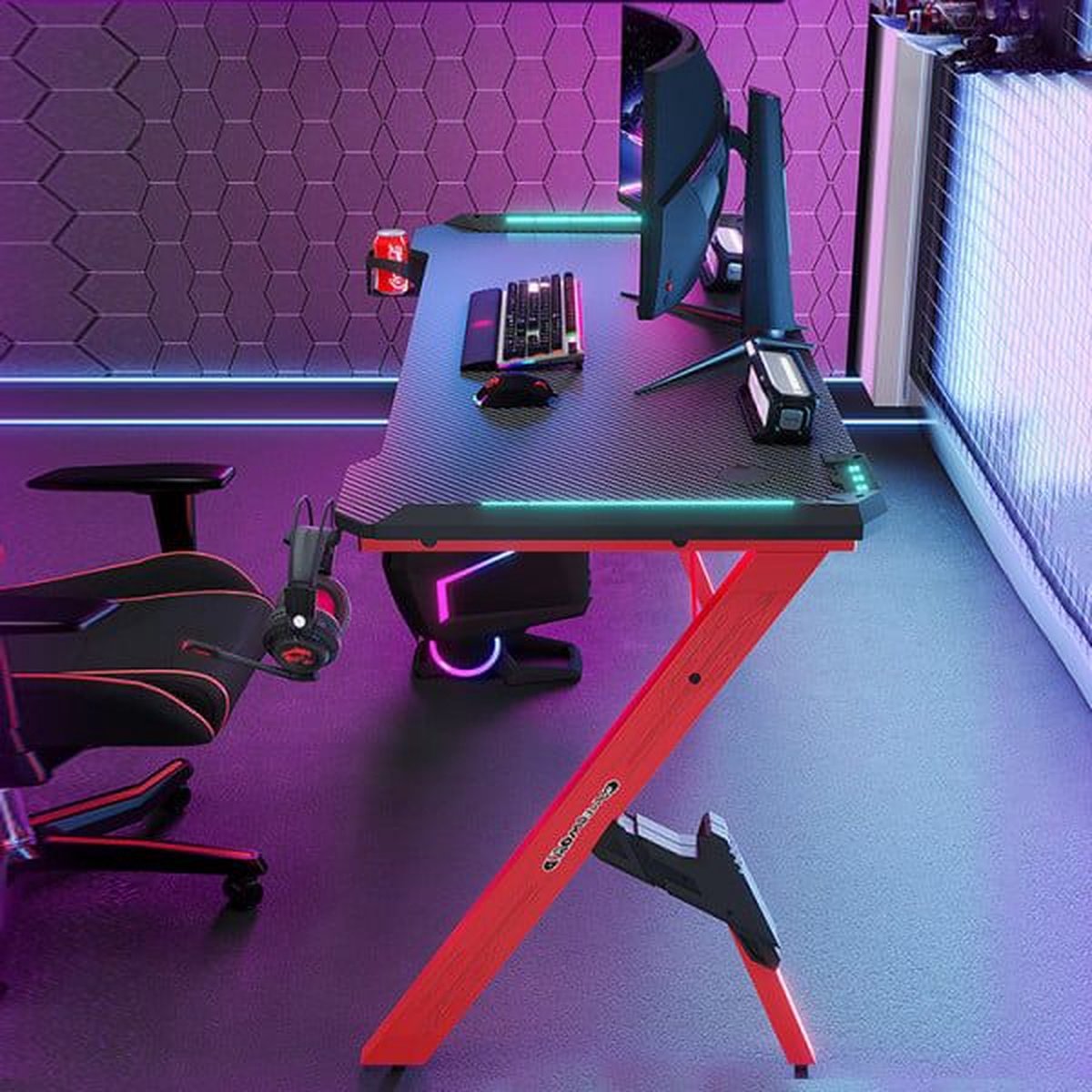 For The Win Game Bureau - 140x60x73 cm - Gaming Desk met LED Verlichting -  Incl RGB