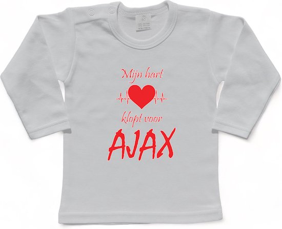 Amsterdam Kinder t-shirt Lange Mouw | "Mijn hart klopt voor AJAX | Verjaardagkado | verjaardag kado | grappig | jarig | Amsterdam | AJAX | cadeau | Cadeau | Wit/rood | Maat 74