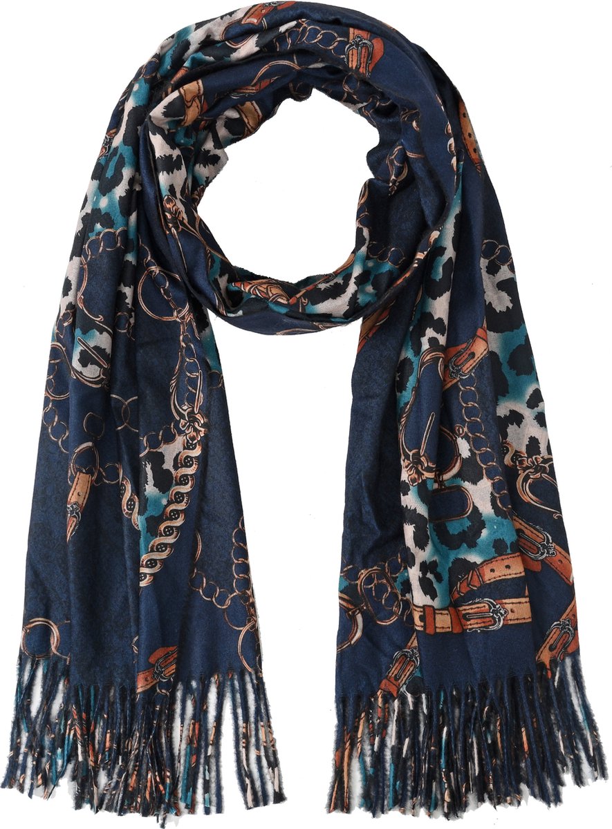 Nouka Donker Blauwe Multicolor Dames Sjaal– Gouden Schakels en Hengsel Print - met Franjes - Warme & Lichte Sjaal – Herfst / Winter – 70 x 180 cm
