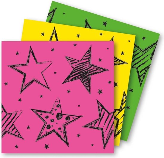 12x Serviettes de table couleurs néon vert, jaune et rose papier 33 x 33 cm - Décorations de table jetables en papier de fête pour enfants
