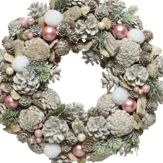Kerstkrans/dennenkrans white wash met sneeuw en versiering 34 cm - Dennenkransen/deurkransen kerstversiering