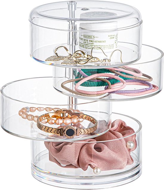 Jewellery Organiser Box 4 Layers Clear Acrylic 360° Rotating Cosmetic Storage Spider Holder for Necklace Bracelet Ring Earring Small Items Container Case