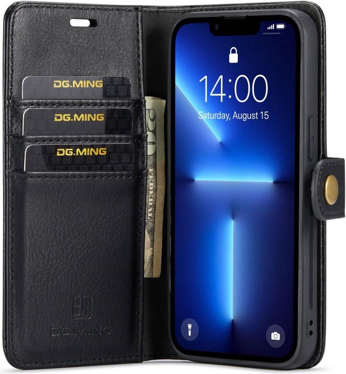 DG Ming Hoesje Geschikt voor Apple iPhone 15 Pro Max - Retro Wallet Book Case - Telefoonhoesje Kunstleer met Pasjes - Portemonnee Hoesje met Kaarthouder op achterkant Zwart
