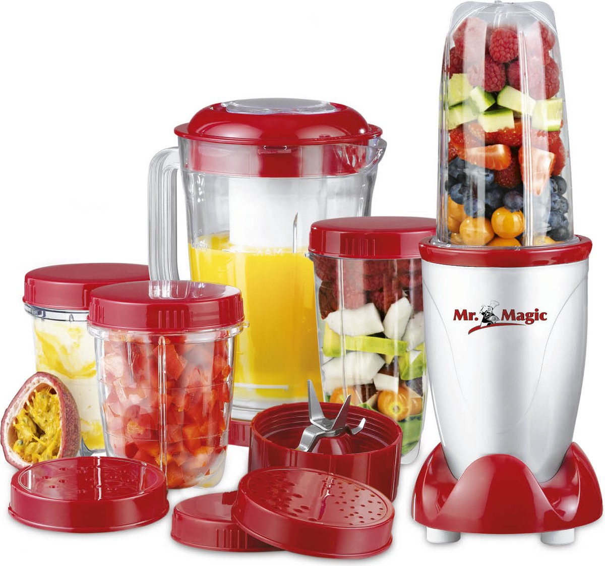 GOURMETmaxx Mixer Mr. Magic - Keukenmachine - 18 stuks - zilver / rood