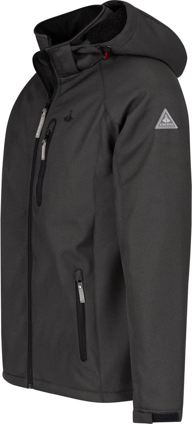 Donkergrijze softshell herenjas met capuchon en Bjørnson logo op de mouw, zijaanzicht.