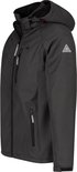 Donkergrijze softshell herenjas met capuchon en Bjørnson logo op de mouw, zijaanzicht.