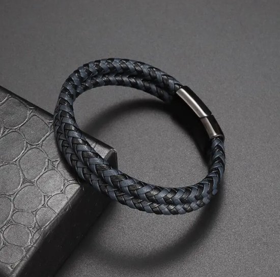 TVR-Wares® | Bracelet tressé multicouche en cuir | Bleu-Noir | Fermeture coulissante | Taille L | 21 cm
