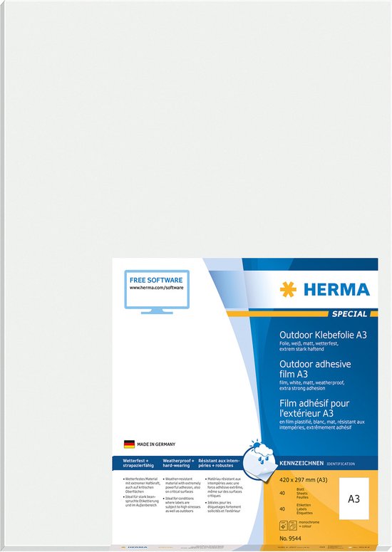 Herma 9544 Etiketten (A3) 297 x 420 mm Folie, mat Wit 40 stuk(s) Extra sterk hechtend Folie-etiketten