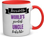 Akyol - world's greatest uncle koffiemok - theemok - rood - Oom - een oom - verjaardagscadeau - cadeau voor oom - kado - 350 ML inhoud