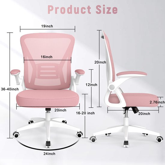 Afmetingen van een roze bureaustoel met witte accenten. 19 inch breed, 36-40 inch hoog.