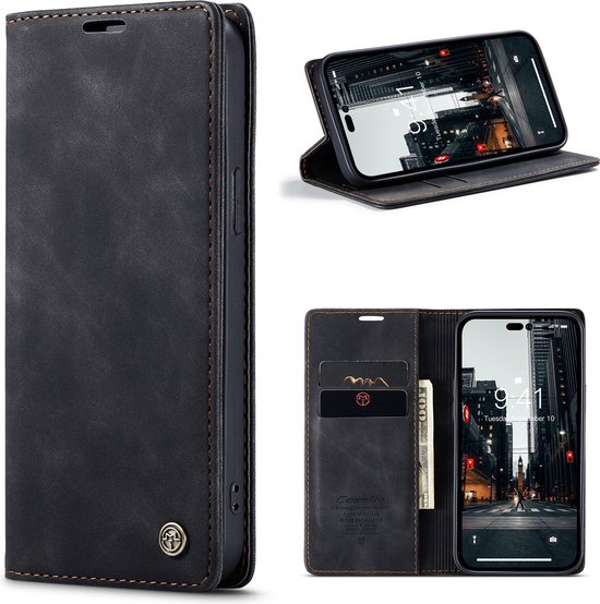 CaseMe - Étui de téléphone adapté à Apple iPhone 15 Pro - Étui portefeuille - Avec fermeture magnétique - Zwart