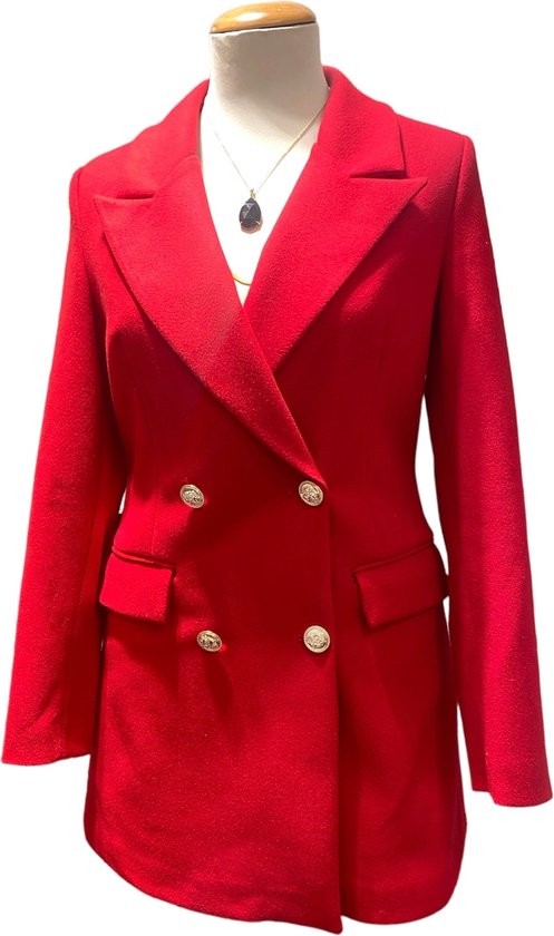 Getailleerde halflange jas met zakken en knopen | Rood