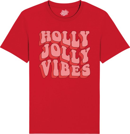 Holly Jolly Vibes - Foute Kersttrui Kerstcadeau - Dames / Heren / Unisex Kleding - Grappige Kerst Outfit - T-Shirt - Unisex - Rood - Maat 3XL