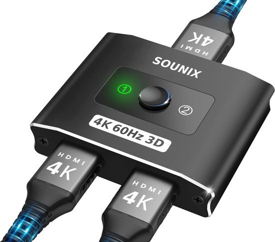 Sounix Bi-Directional HDMI Switch - 4k@60Hz - HDMI Switch 2 Poorts - 2 In 1 Uit / 1 in 2 uit - Aluminium - Zwart