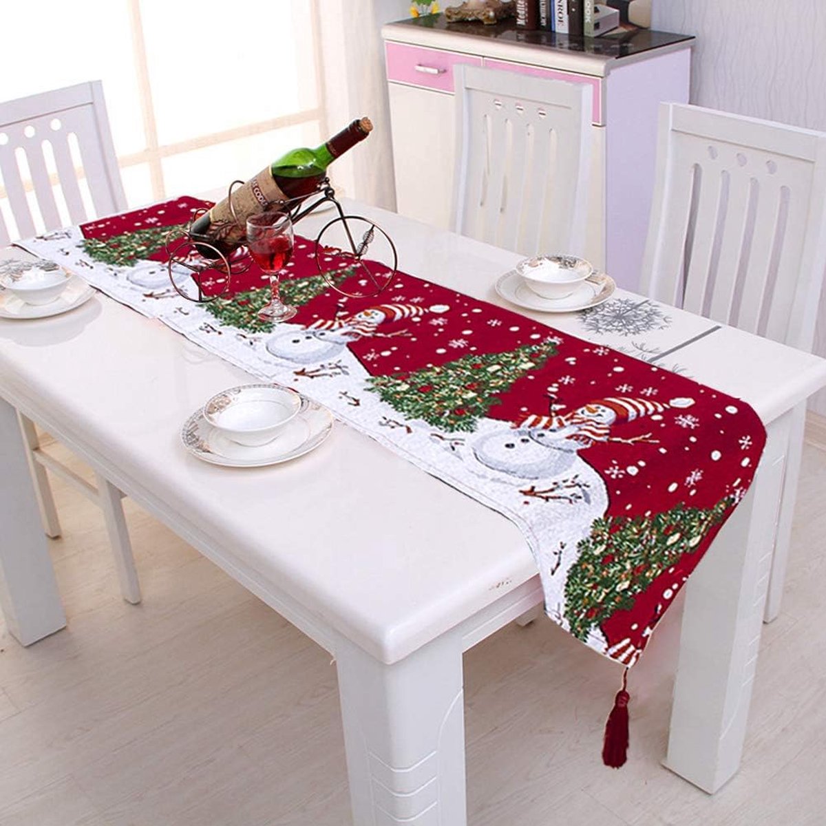 Kerst tafelloper tafelkleed decoratie katoen linnen klassiek tafelkleed mat voor eetkamer party vakantie decoratie (rood, 34 * 180 cm)