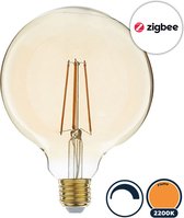 Zigbee E27 led lamp, filament globe (G125), Touchlink, Dimbaar, 2200K/Flame lichtkleur (extra warm licht), Amber glas, 5W
