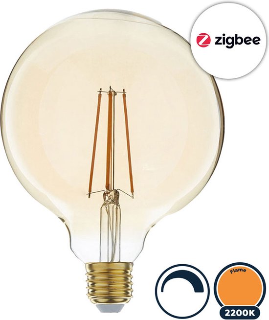 Zigbee E27 led lamp, filament globe (G125), Touchlink, Dimbaar, 2200K/Flame lichtkleur (extra warm licht), Amber glas, 5W