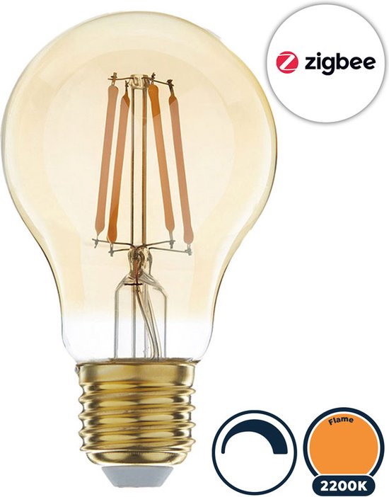 Zigbee E27 led lamp, filament bulb (A60), Touchlink, Dimbaar, 2200K/Flame lichtkleur (extra warm licht), Amber glas, 5W