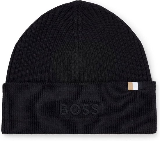 Hugo Boss - Bonnet Magico - noir - en coton et laine avec couture logo - homme