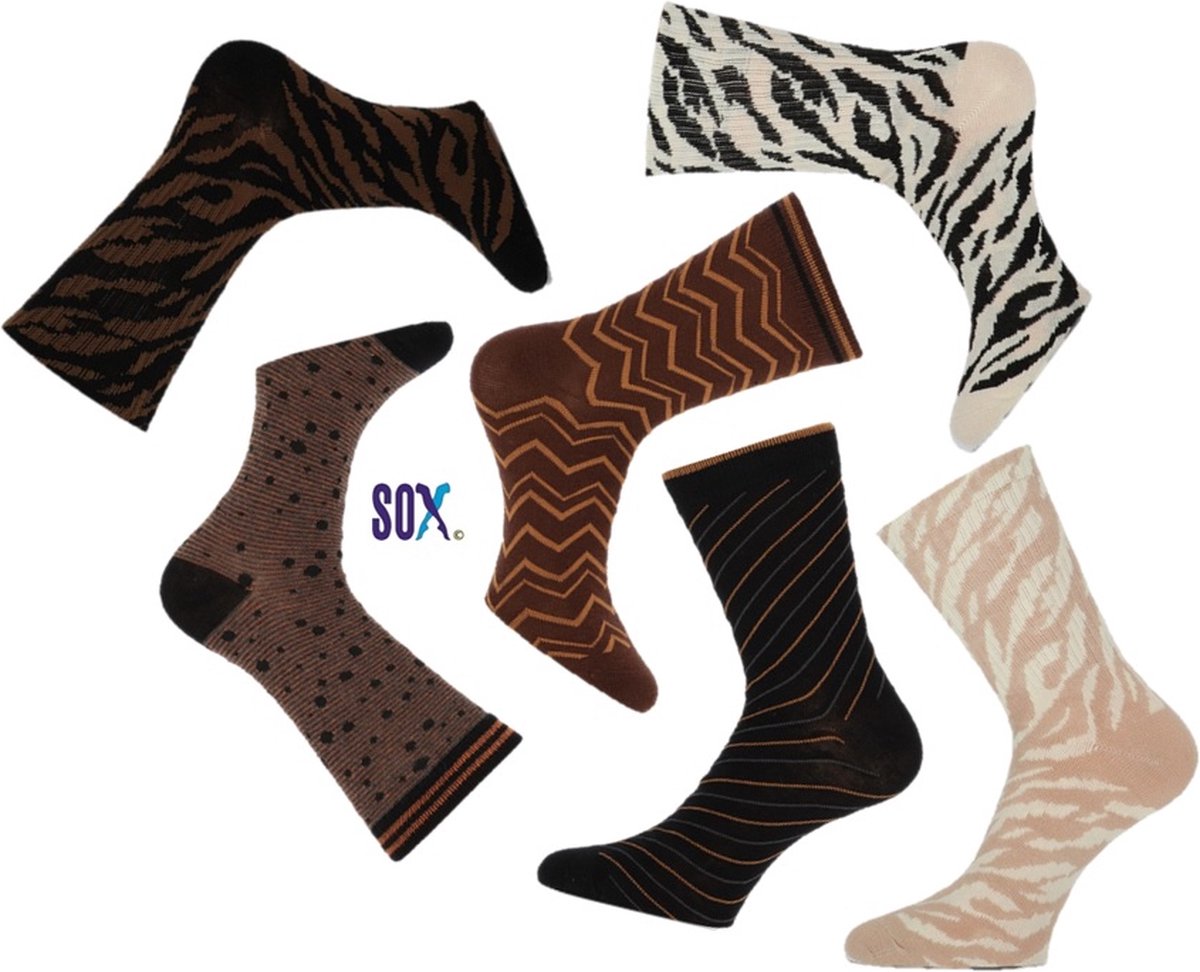 CRAZY SOX 6 PACK Multipack Dames met fantasie in Bruin/Beige/Zwart 37/42 in katoen en zonder teennaad Roze/grijs/zwart en Roest/roze/grijs
