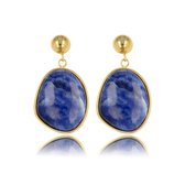Goudkleurige oorsteker met echte Lapis Lazuli edelsteen - Oorbel goudkleurig met ronde Lapis Lazuli hanger - Met luxe cadeauverpakking