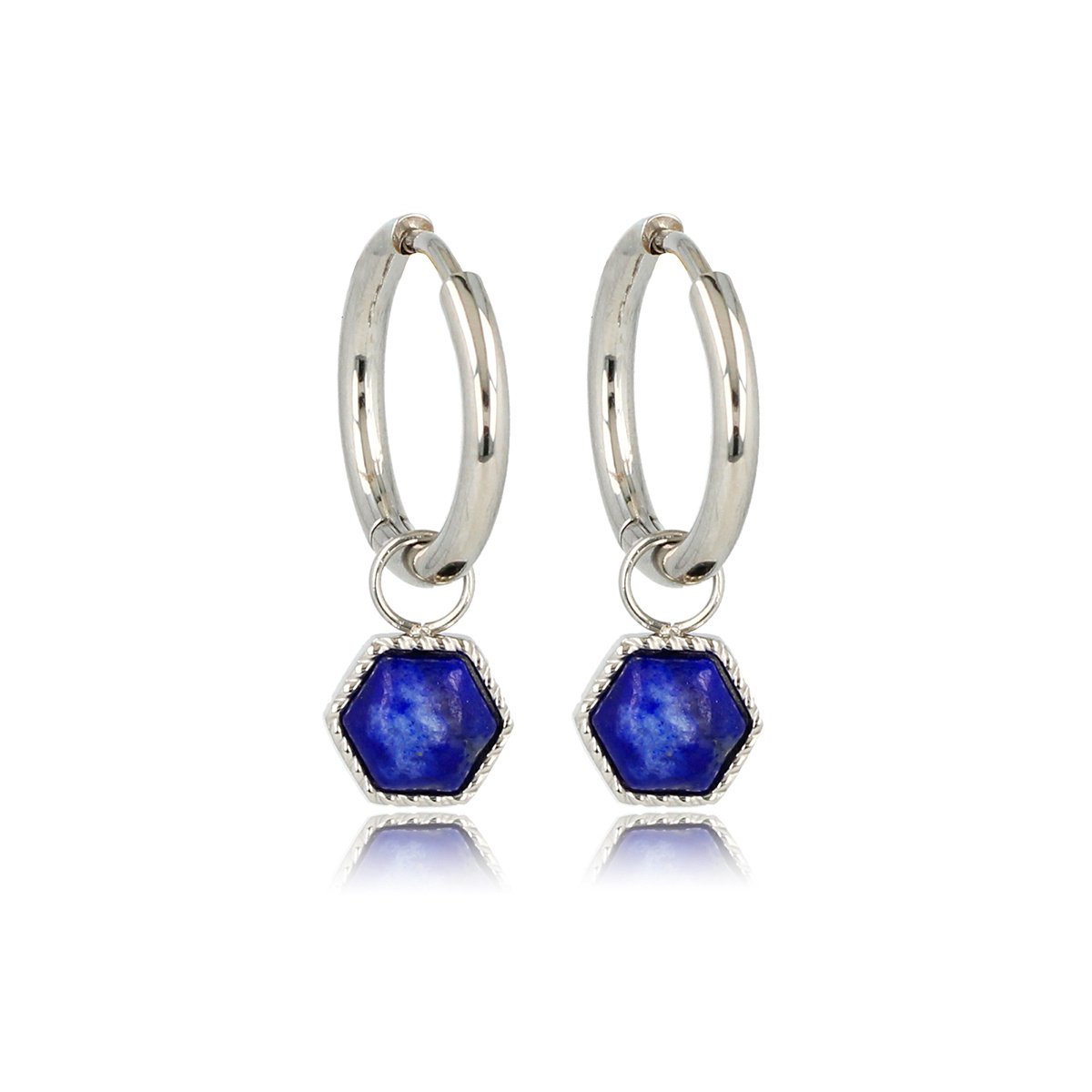 My Bendel - Oorbellen Zilverkleurig Zeshoek met Lapis Lazuli Edelsteen - Zilverkleurige Zeshoek Oorbellen met Lapis Lazuli - met Luxe Cadeauverpakking | Sieraden Voor Dames