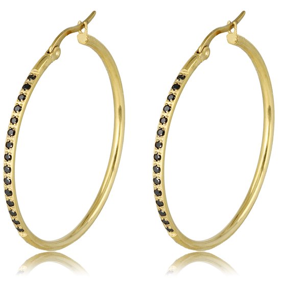 Gouden oorbellen zwart zirkonia 40mm x 2mm - Gouden oorringen met zwarte steentjes 40mm - Met luxe cadeauverpakking
