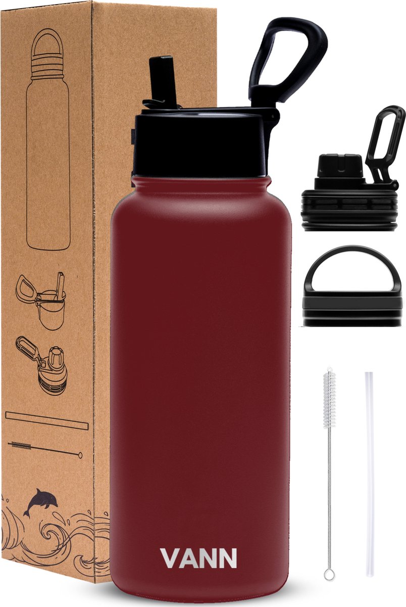 VANN® 3-Wandige Waterfles 1 liter met rietje voor volwassenen – Bidon RVS - met 3 doppen – 24uur koud/12 uur warm - Zwart