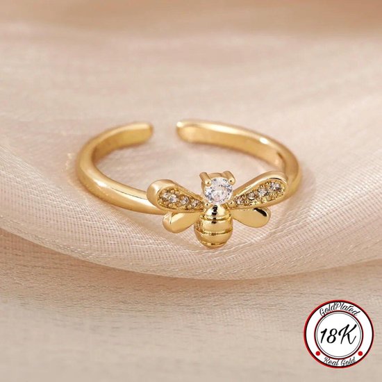 Soraro Bijen Ring | Bijen Ring | Verstelbare Ring | 18K Goldplated | Zirkonia Stenen | Dames Ring | Vrouwen Ring