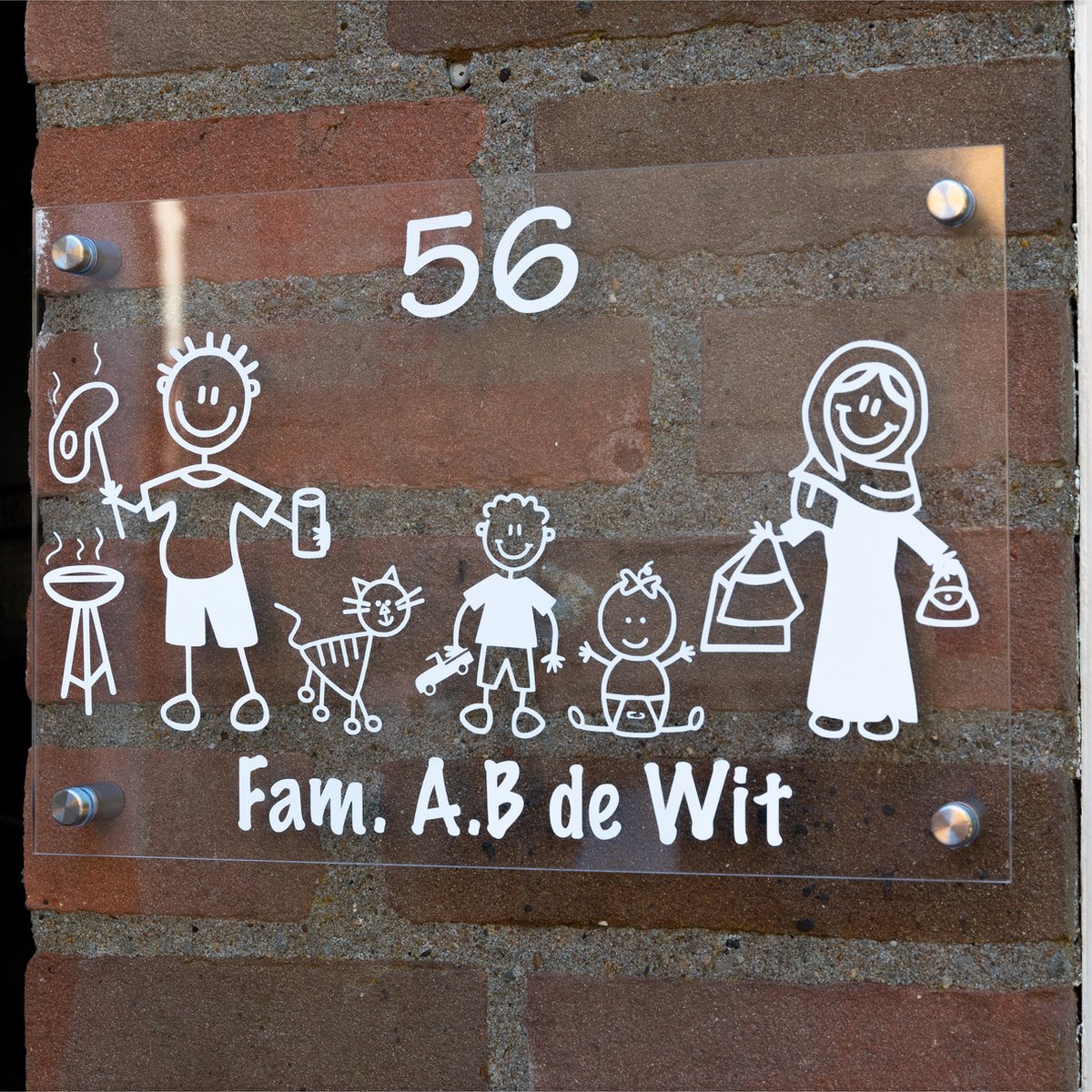 Naambord Familie - 20 x 30 cm - helder plexiglas - keuze uit diverse figuurtjes - incl RVS afstandhouders