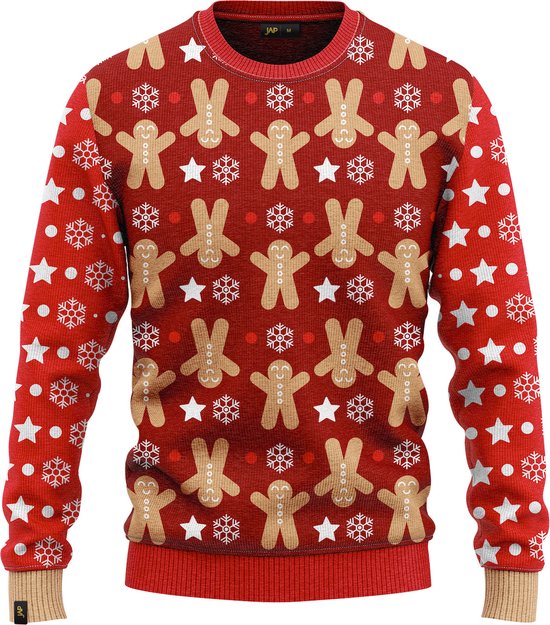 JAP Christmas Kersttrui (maat 2XL) - 100% Gerecycled - Kriebelt niet - Kerstcadeau volwassenen - Foute Kersttrui dames en heren XXL - Gingerbread - Bordeaux rood