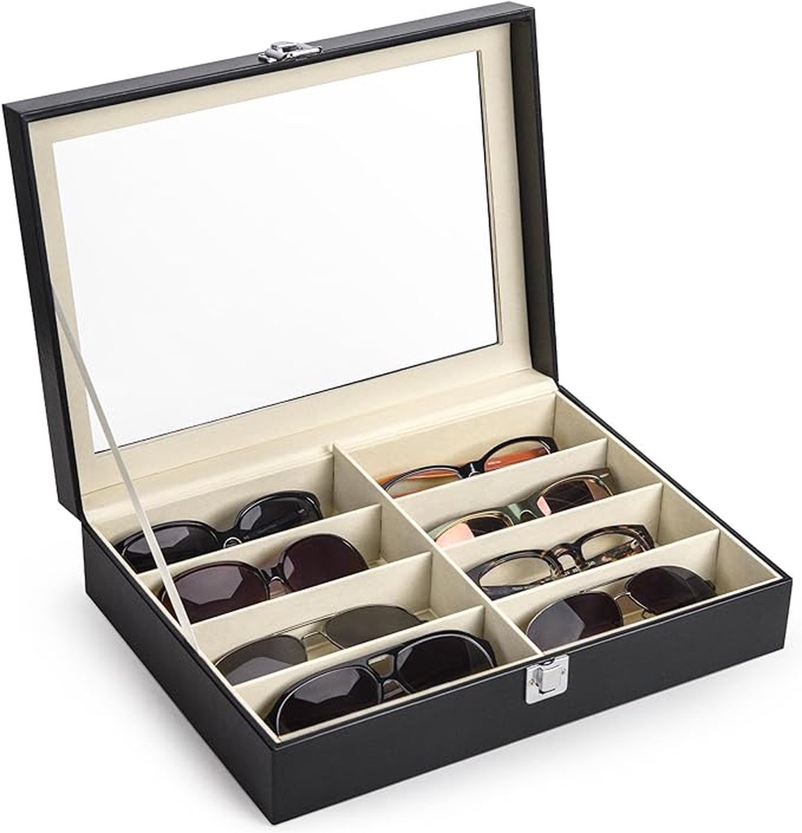 iBright Zonnebrillen opbergdoos voor 8 brillen - Opberg box voor Brillen - Fluweel - Brillen doos -Kunstleer - Zwart