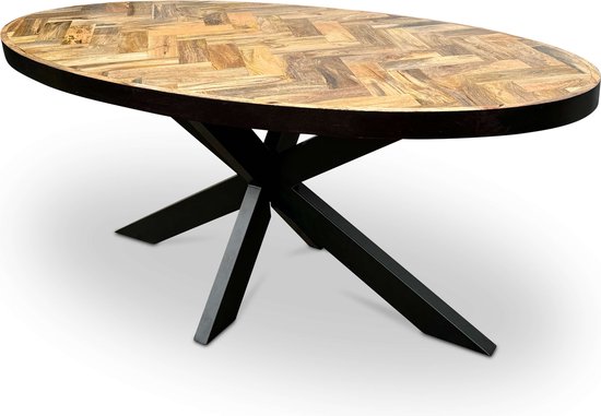 Combi Meubles - Table à manger - 160cm x 90cm - Bois de manguier - Chevrons - Ovale - Naturel - Pied croisé