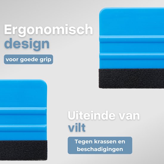 Blauwe rakel met vilten rand, ergonomisch design voor goede grip.