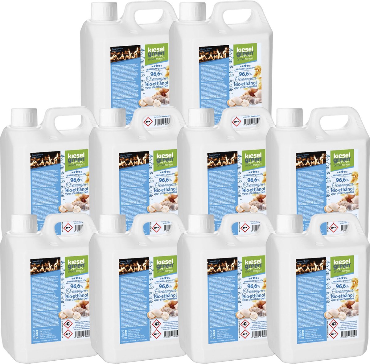 KieselGreen 50 Liter Bio-Ethanol met Oceaan Aroma - Bioethanol 96.6%, Veilig voor Sfeerhaarden en Tafelhaarden, Milieuvriendelijk - Premium Kwaliteit Ethanol voor Binnen en Buiten