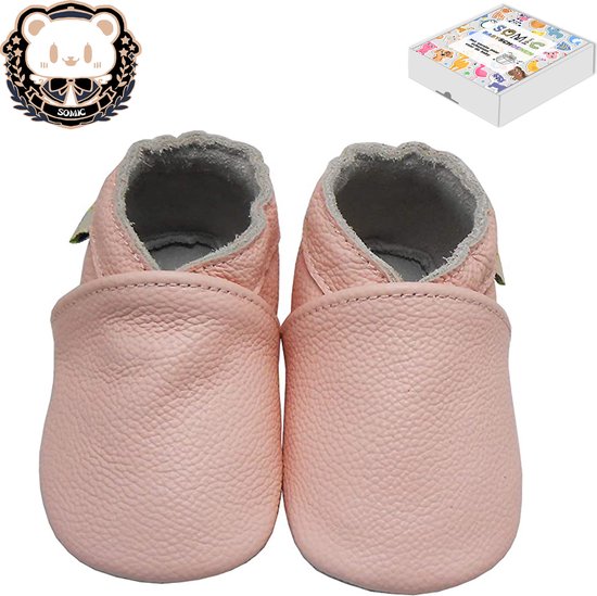 Somic - Layette bébé complète - chaussons bébé - Chaussons bébé antidérapants - premières chaussures de marche - Cuir souple - Garçons et filles - taille M - 6-12 mois - 12 cm - Rose