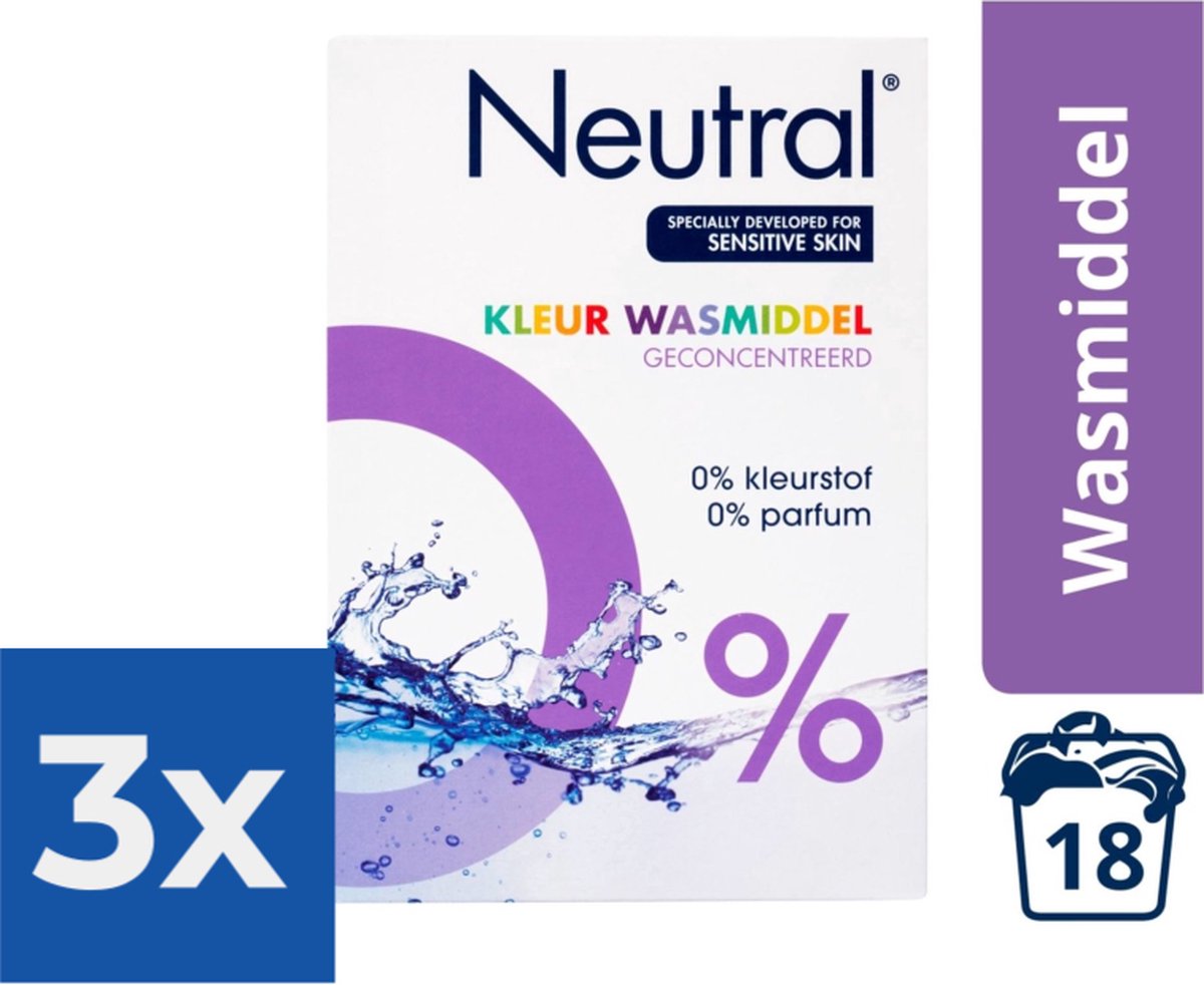 Neutral 0 Kleur Parfumvrij Waspoeder - 18 wasbeurten - 1-188 kg - Wasmiddel - Voordeelverpakking 3 stuks