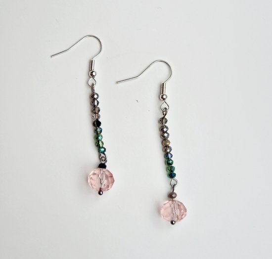 Zilveren oorhangers met kristal hanger - Roze kristal - Premium Stainless Steel - Gekleurde oorbellen - Oorhangers met steentjes -