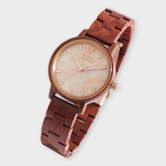Raptor horloge met beige gemarmerde wijzerplaat en rosegouden details, aan een bruin houten band.