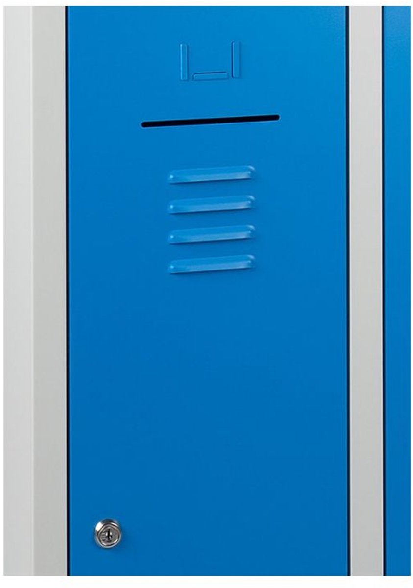 ABC Kantoormeubelen Lockerkast WRC 4 deurs met Blauwe deuren en uitgevoerd met hangoogsluiting (excl. hangslot) Licht grijs (Ral 7035)