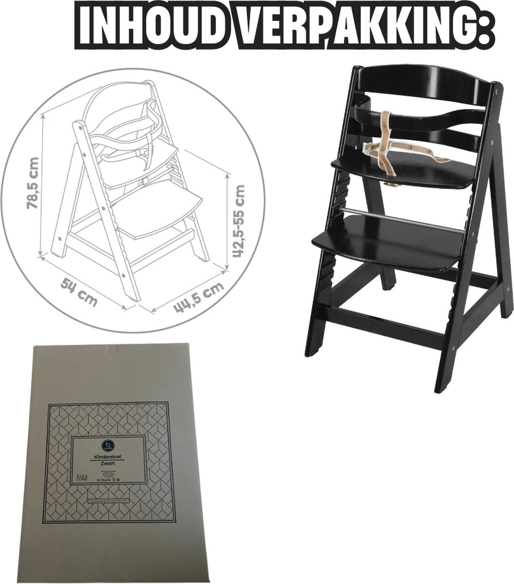 Buxibo Houten Meegroeistoel Kind - Inclusief Eetblad - Verstelbare Kinderstoel voor Comfort en Design - Inclusief kussen - 48×58×80cm - Zwart thumbnail 6